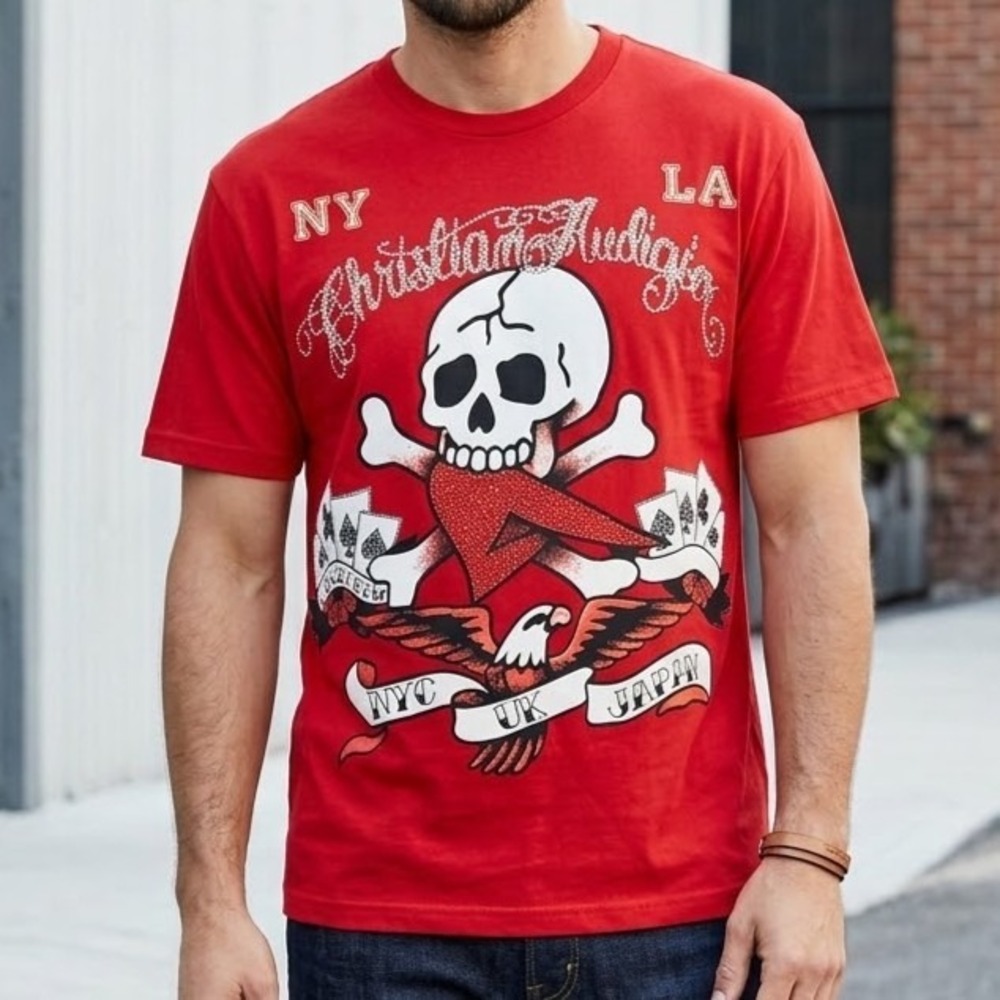 Christian Audigier Mens Red Skull Rhinestone Graphic T-Shirt Large NWT Y2K NY LA